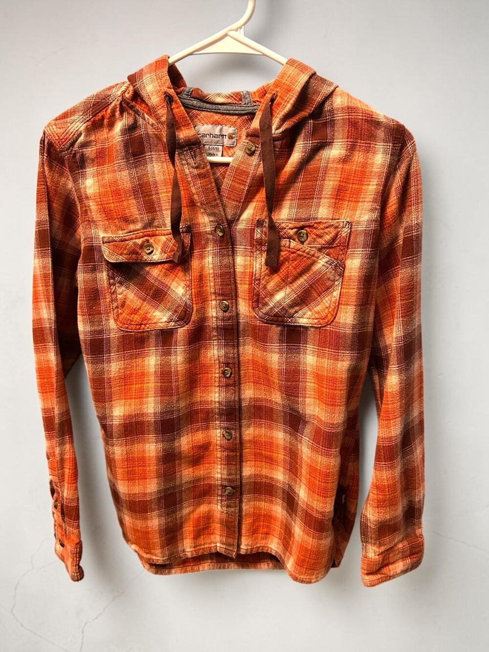 Carhartt Hooded Flannel Shirt Heritage Cabincore Gorpcore Orange Womens Sz S